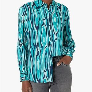 Trina Turk Aqua and Navy Patterned Shirt